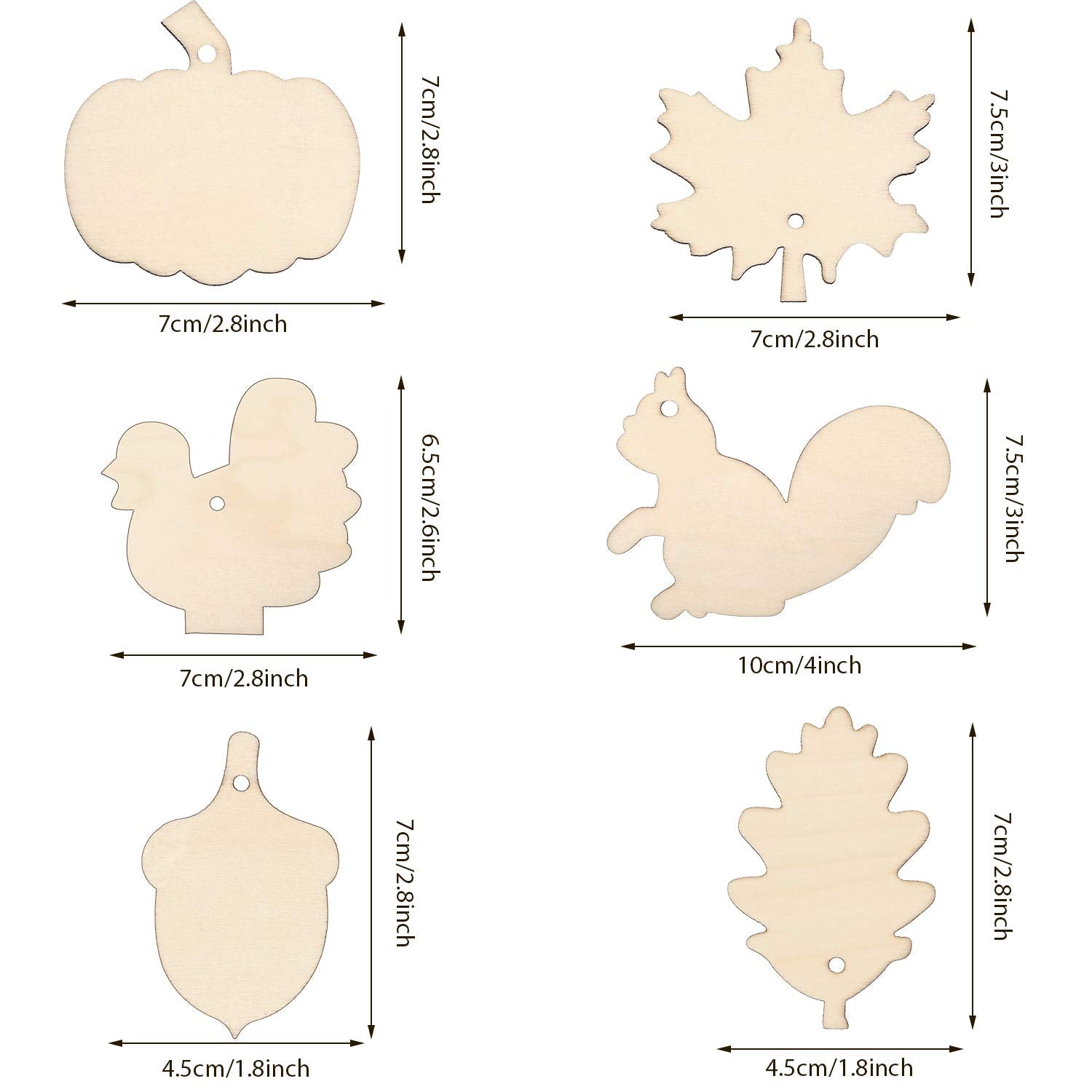 Wooden cutouts of various shapes with dimensions labeled