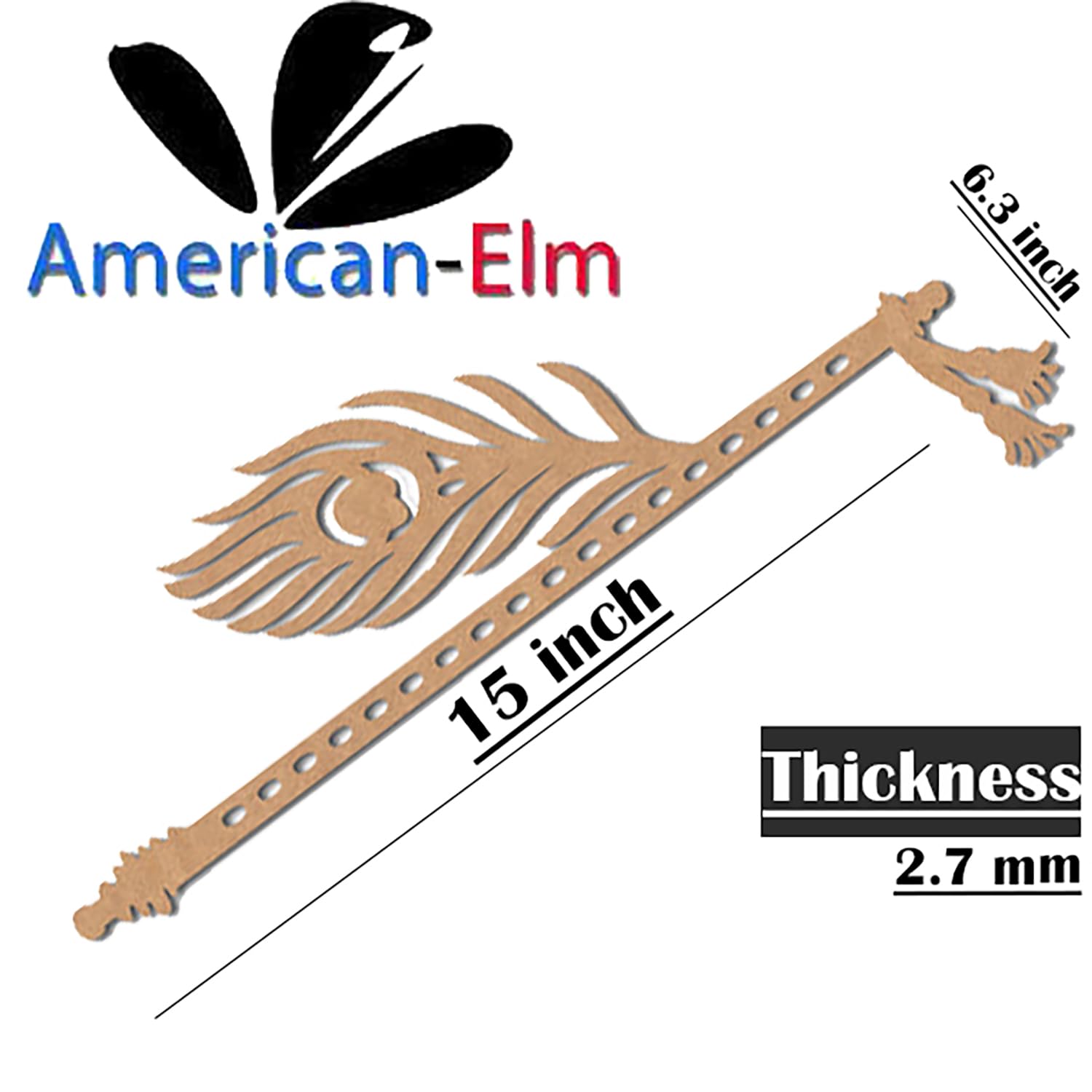 Wooden feathered tool with measurements and 'American Elm' branding on a white background