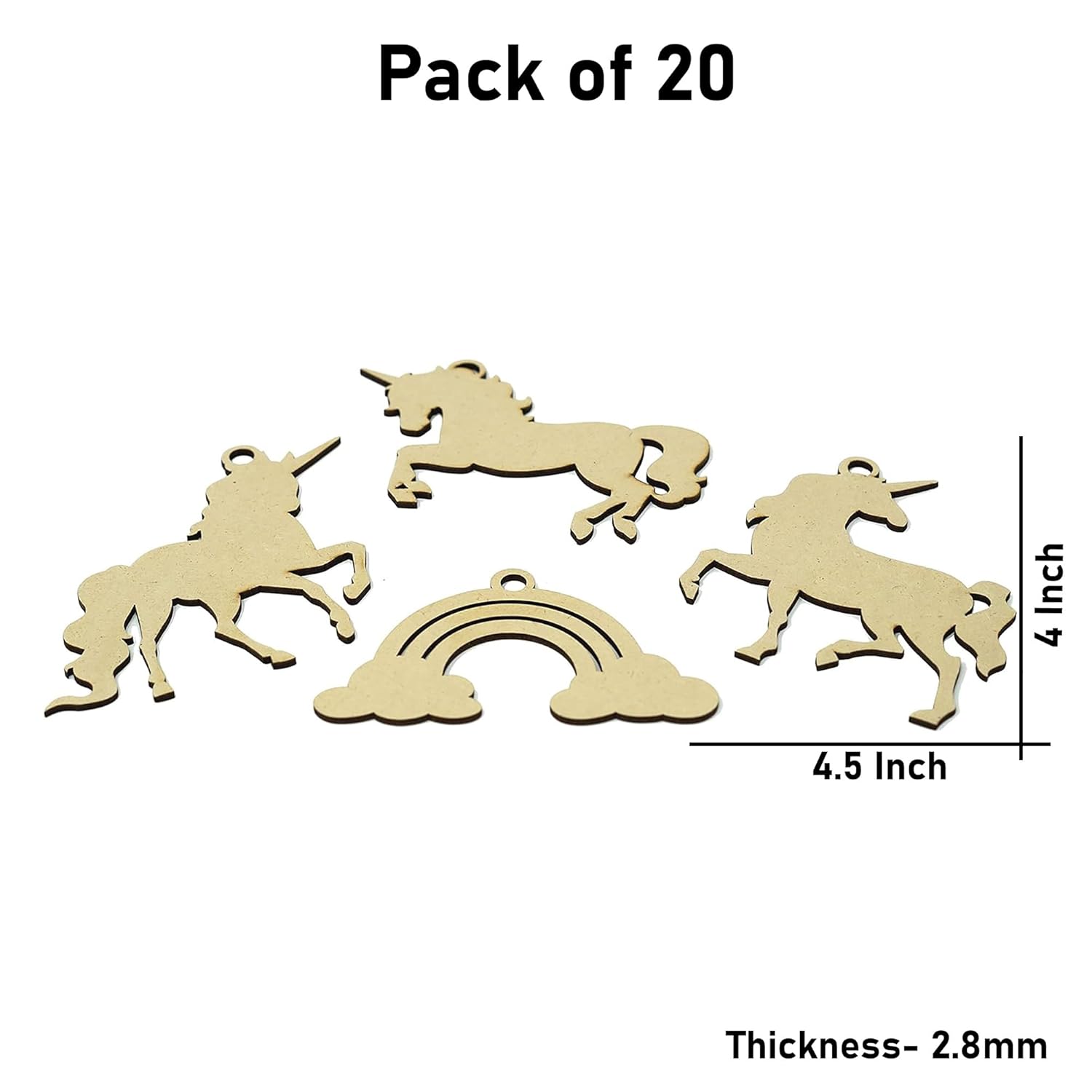 Pack of 20 wooden unicorn and rainbow shapes with measurements on a white background