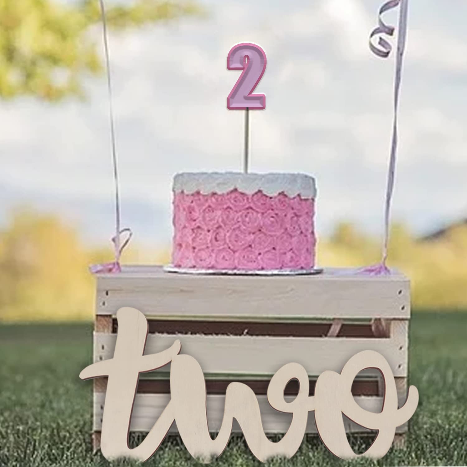 Pink cake on a wooden swing with 'two' sign outdoors