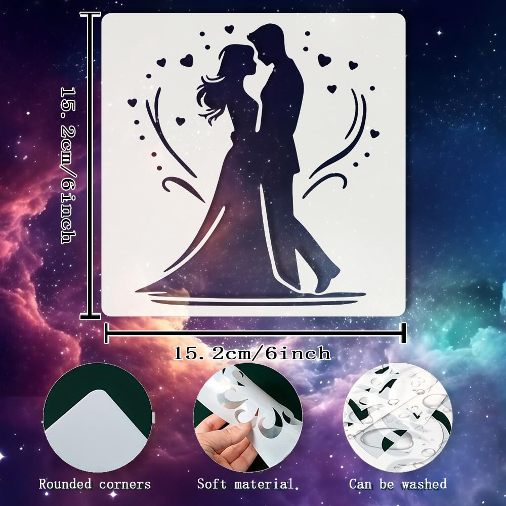 Silhouette of a couple with hearts against a starry night sky, featuring measurements and material properties on a cosmic background.