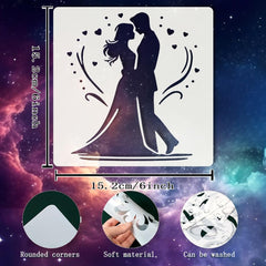 Silhouette of a couple with hearts against a starry night sky, featuring measurements and material properties on a cosmic background.