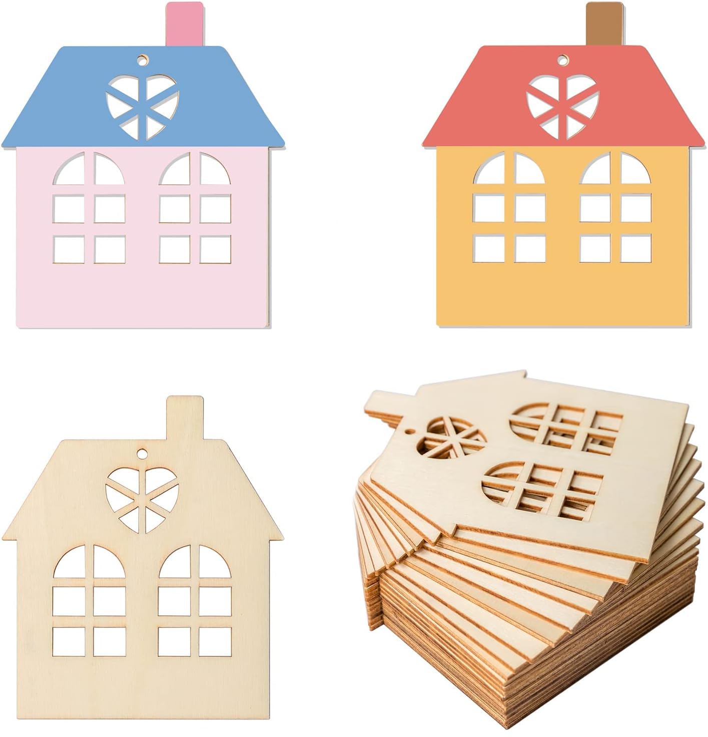 Set of colorful wooden house-shaped cutouts on a white background