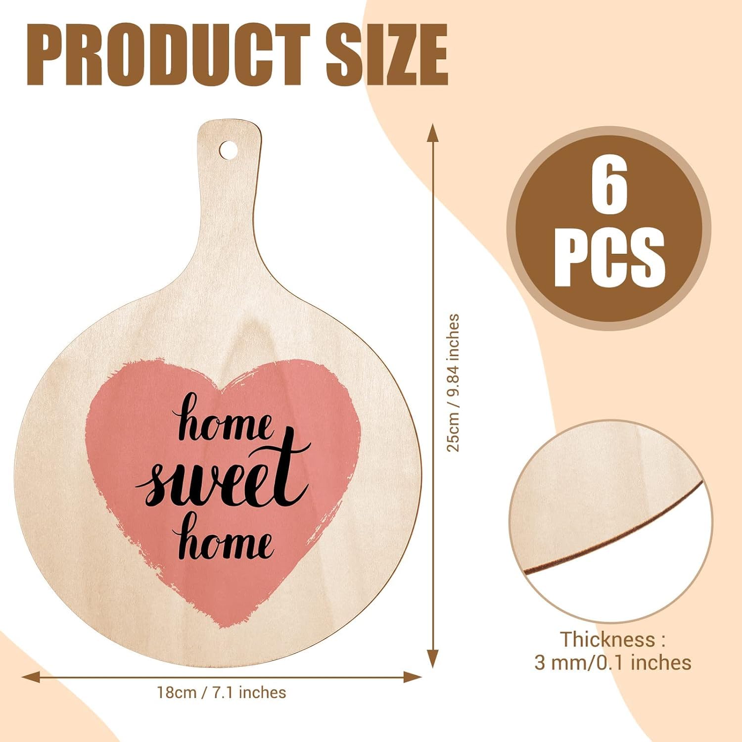Wooden cutting board with heart design and text, showing product size and quantity information.