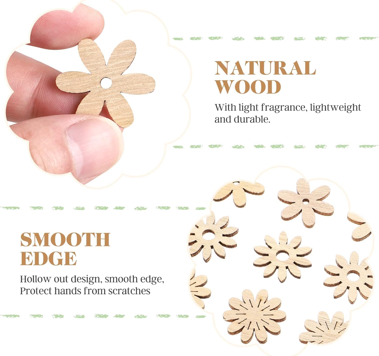 Wooden flower-shaped pendants with a hand holding one, labeled as 'Natural Wood' and 'Smooth Edge'.