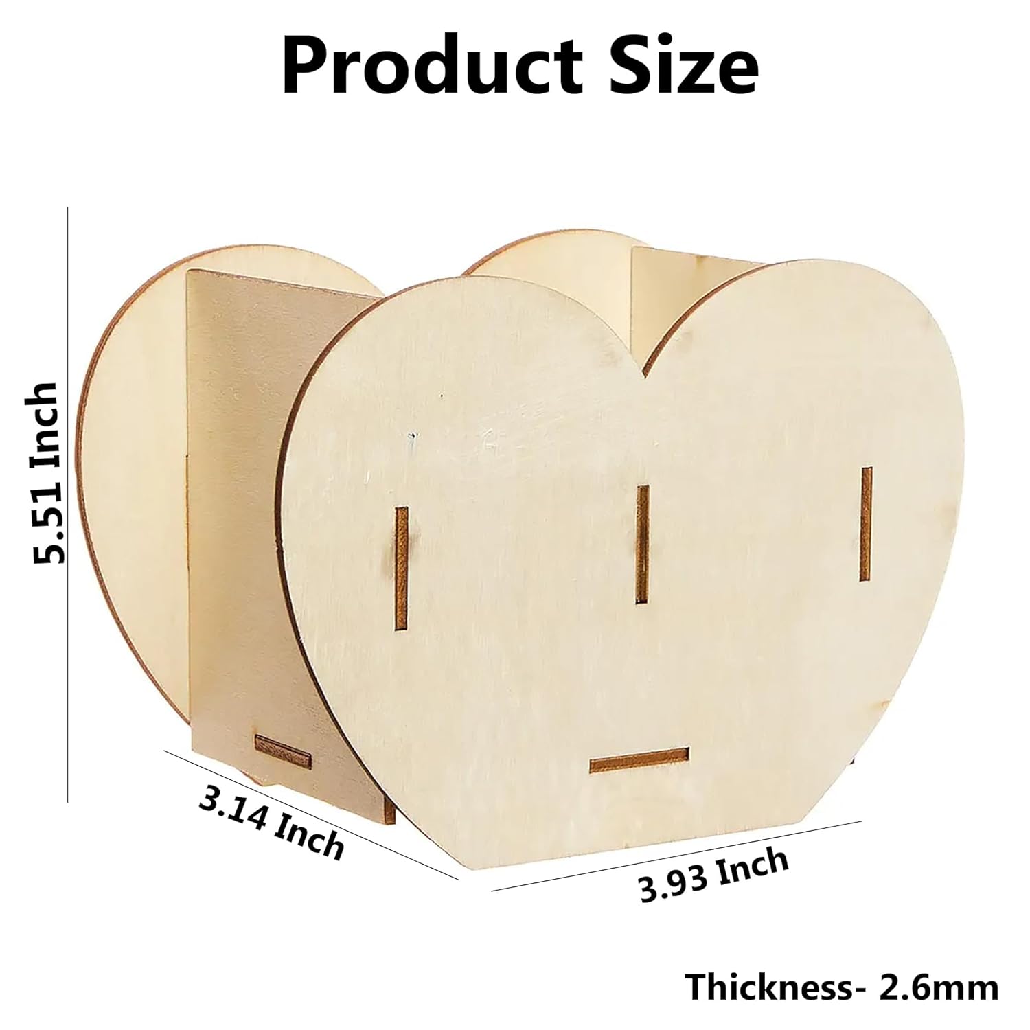 Heart-shaped wooden product with dimensions labeled on a white background