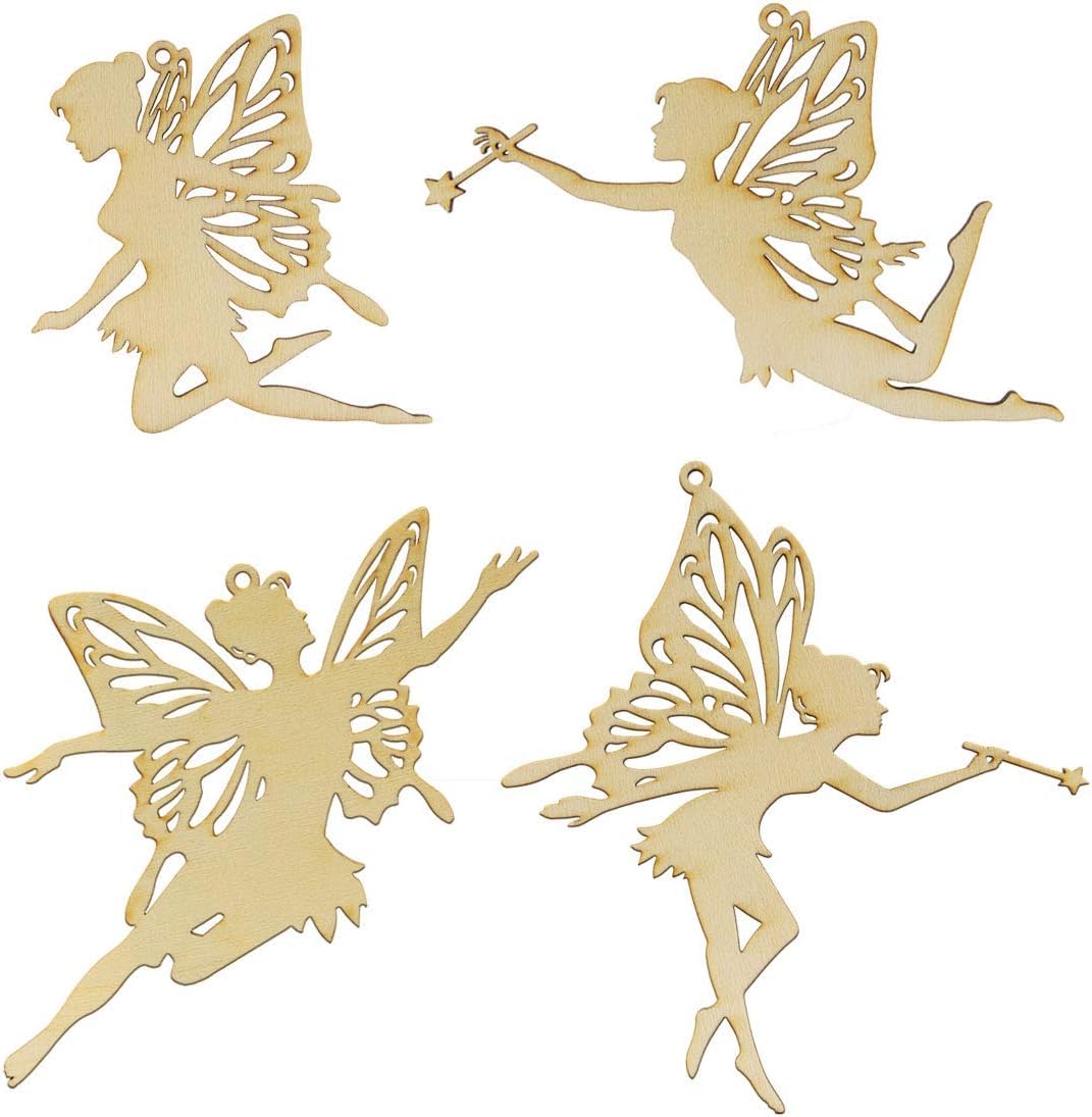 Four wooden fairy ornaments on a white background