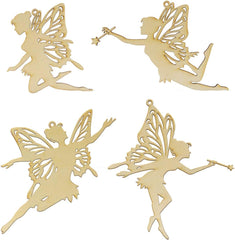 Four wooden fairy ornaments on a white background
