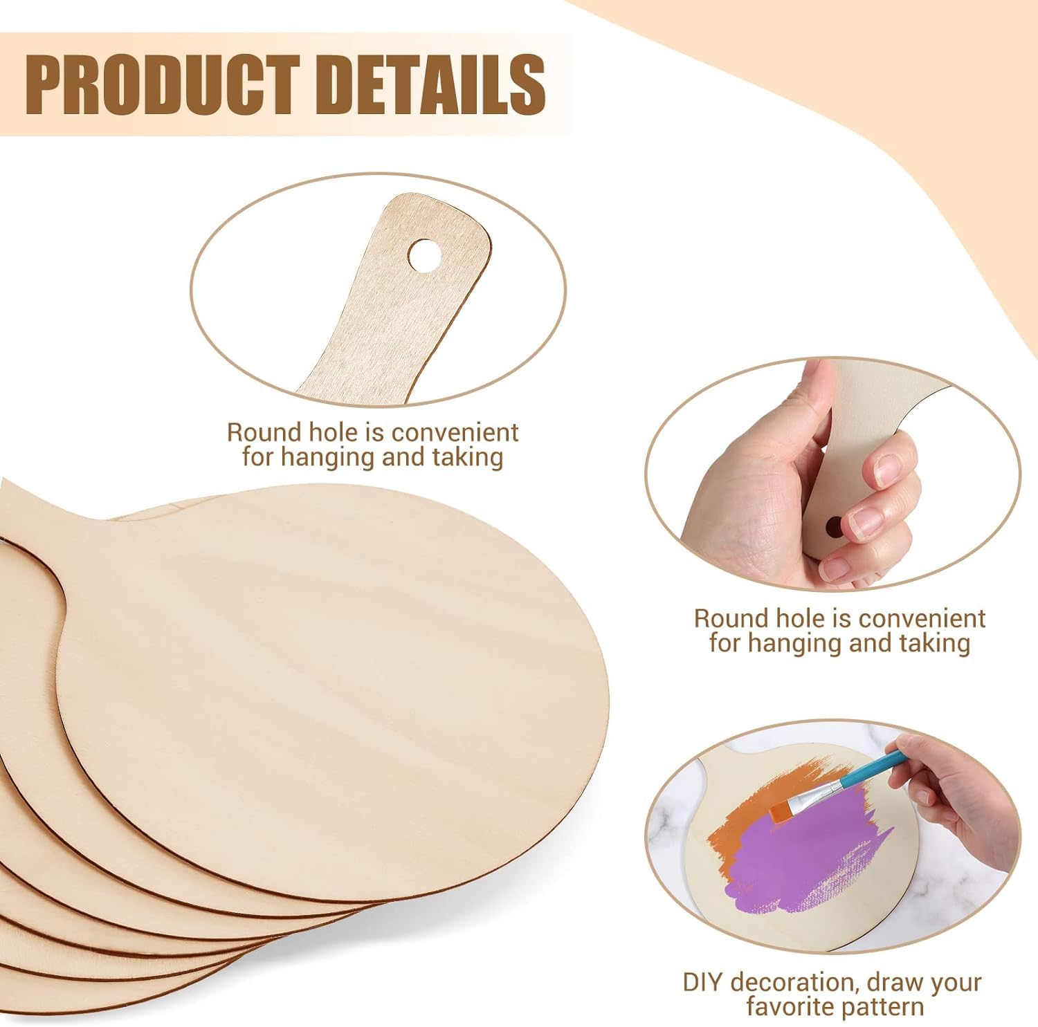 Wooden cutouts with round holes for hanging, a hand holding one, and DIY decoration on a white background.