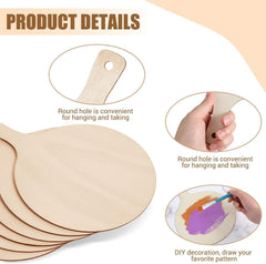 Wooden cutouts with round holes for hanging, a hand holding one, and DIY decoration on a white background.