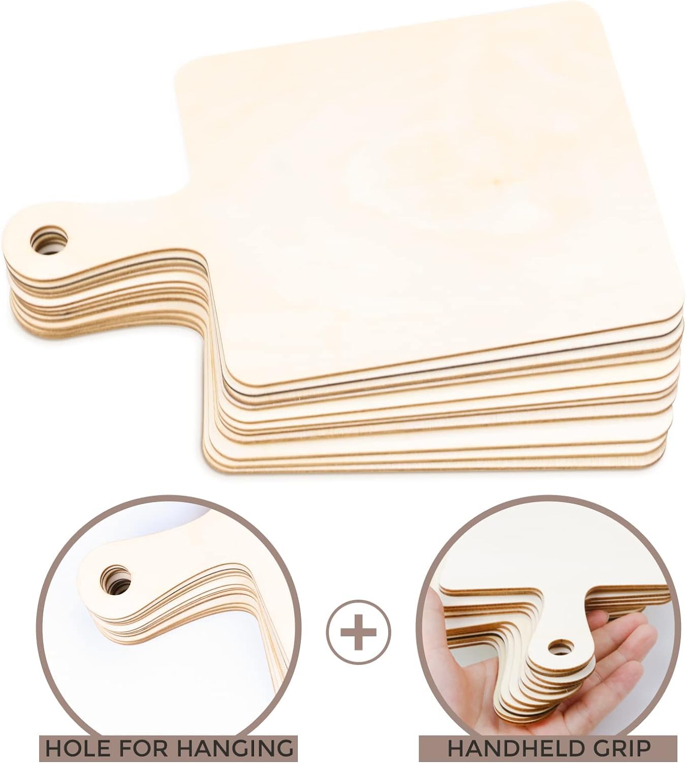 Stack of wooden cutting boards with holes for hanging and a handheld grip feature.