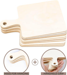 Stack of wooden cutting boards with holes for hanging and a handheld grip feature.