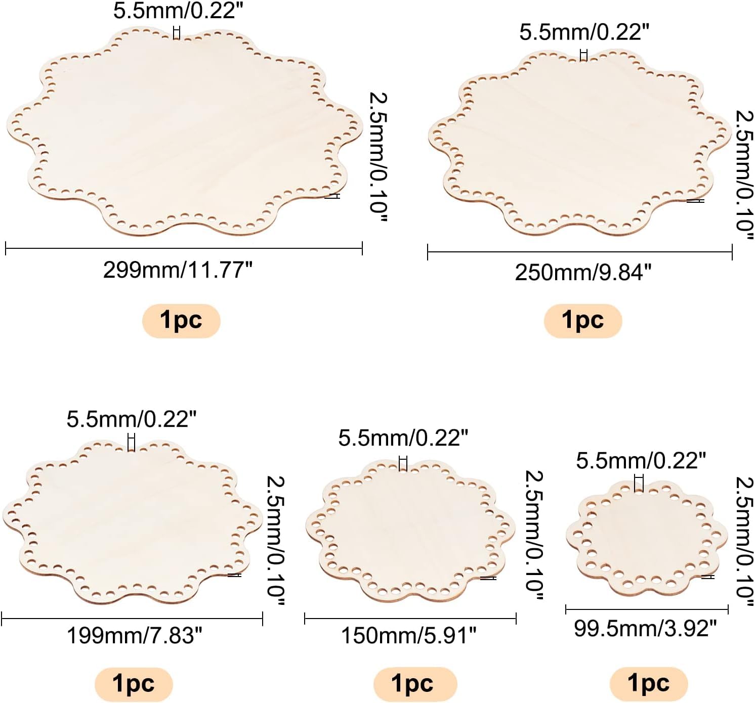 Set of decorative metal dies with measurements on a white background