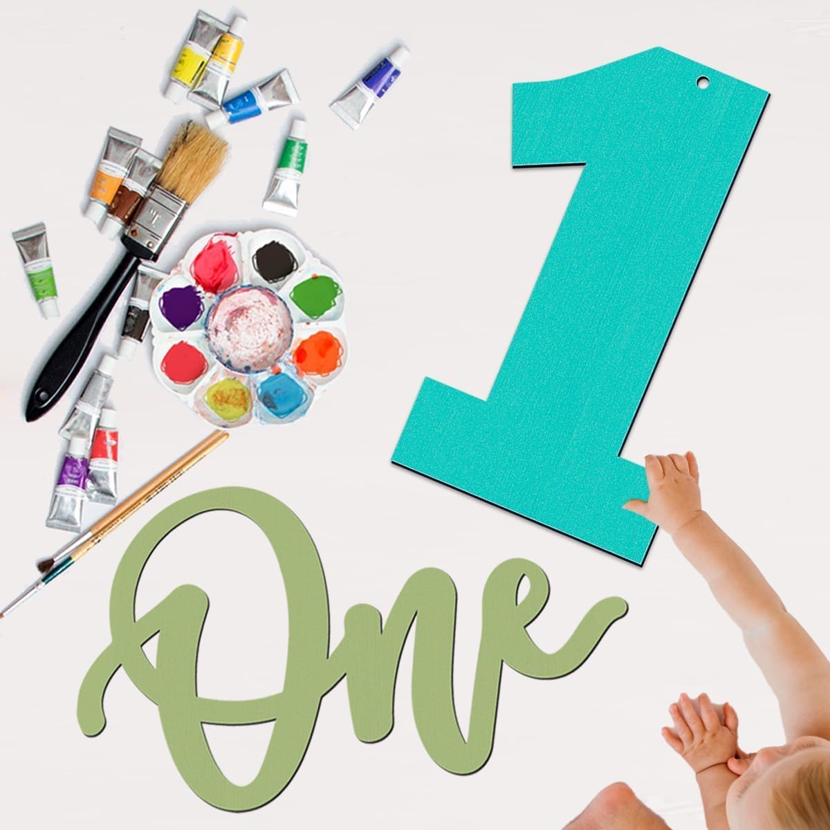Children's art supplies with a number '1' and the word 'One' on a white background
