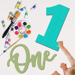 Children's art supplies with a number '1' and the word 'One' on a white background