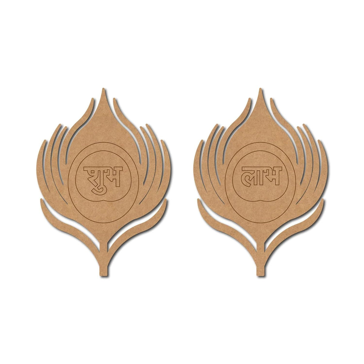 Two brown leaf-shaped earrings with engraved text on a white background