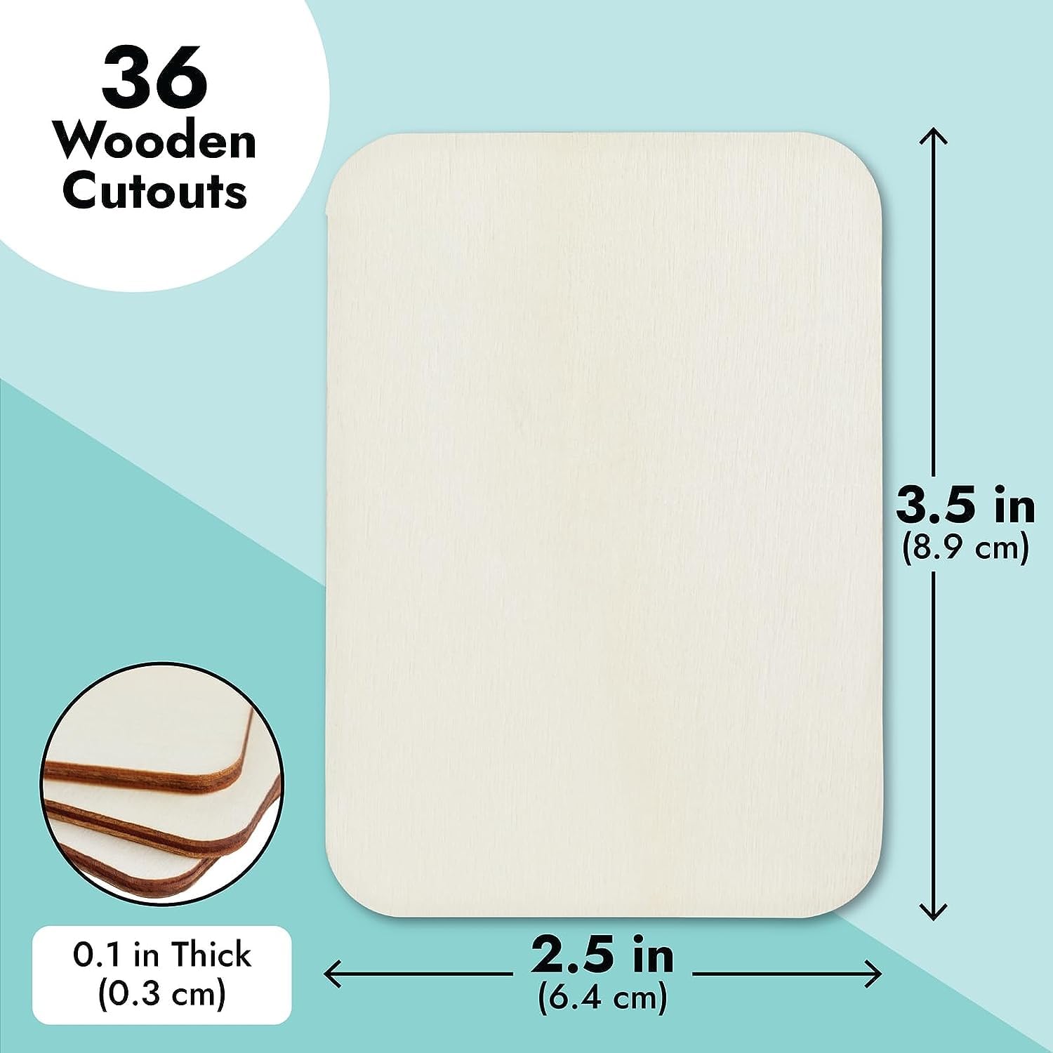 Rectangular wooden cutout with dimensions and thickness details on a blue background