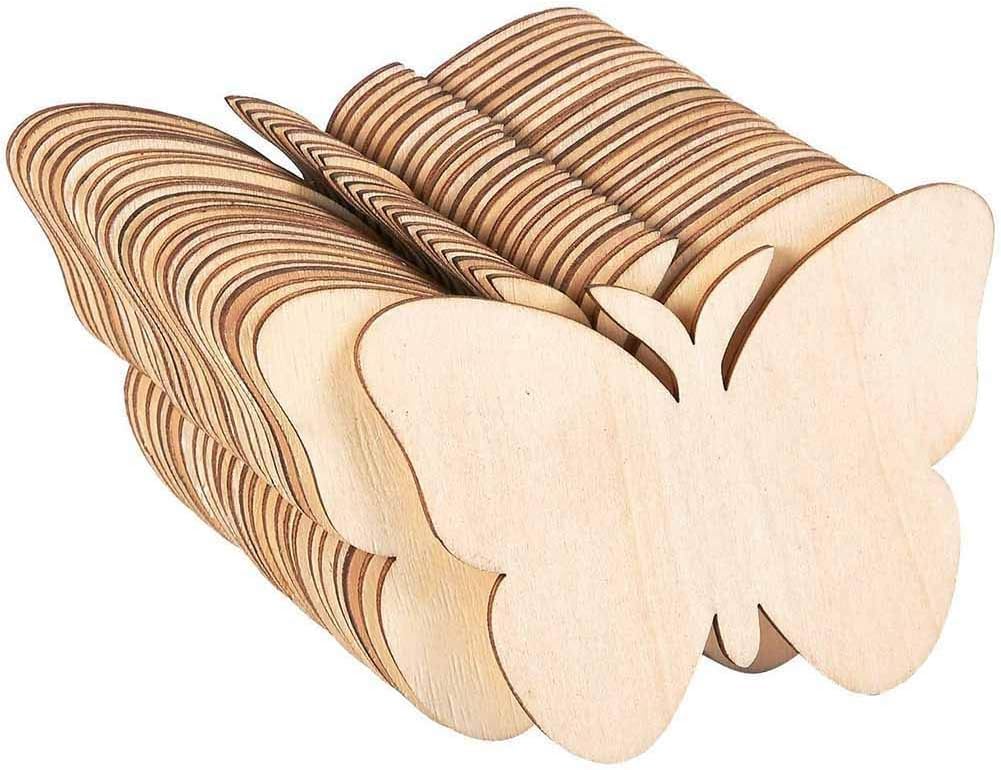 Stack of wooden butterfly cutouts on a white background
