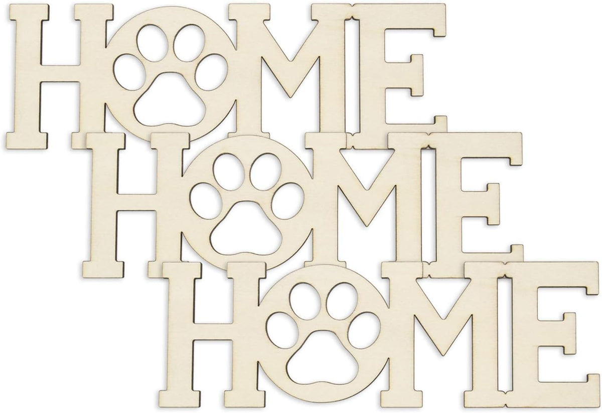 Decorative wall art with 'HOME' text and paw prints on a white background