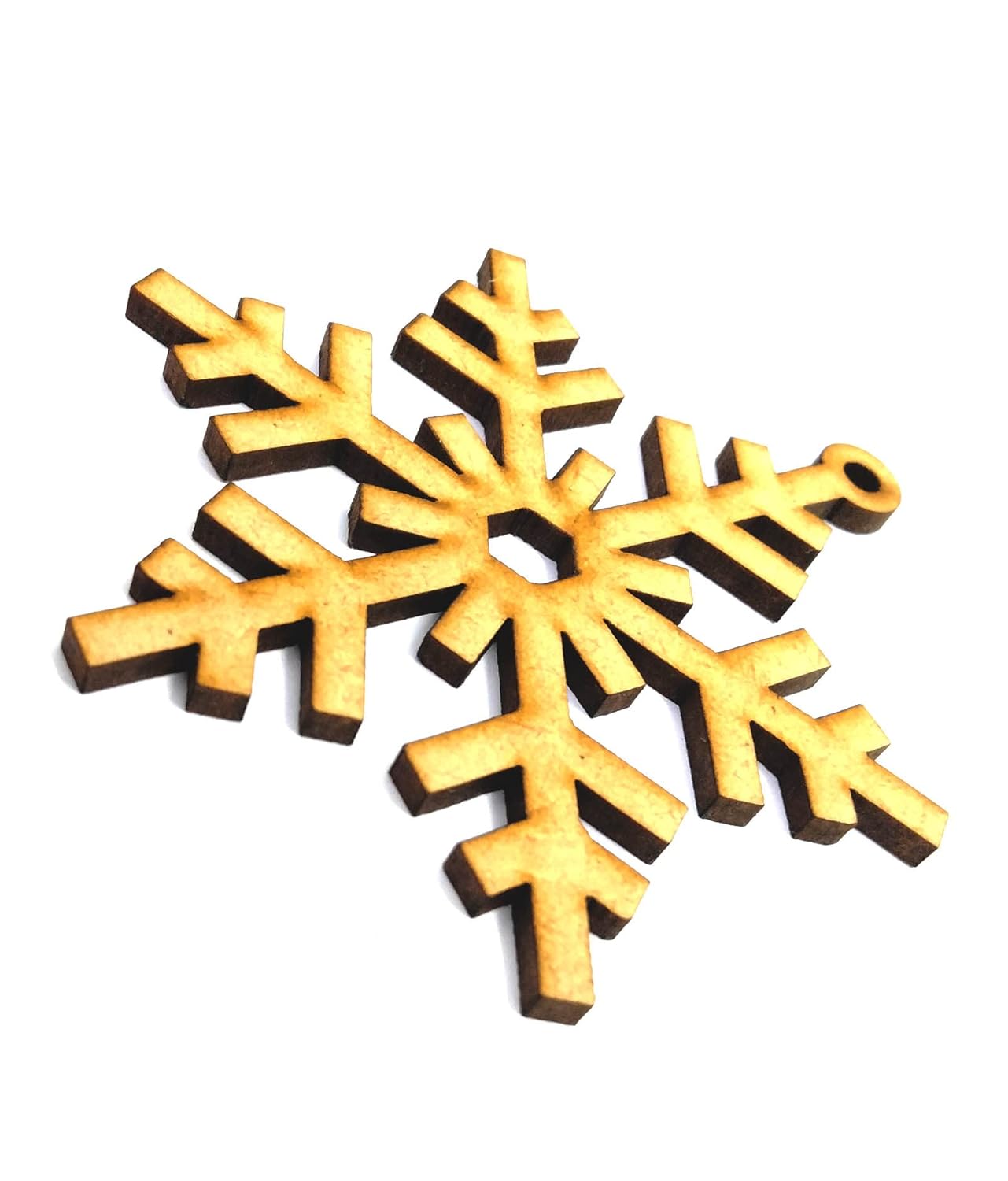 Wooden snowflake ornament with a black border on a white background