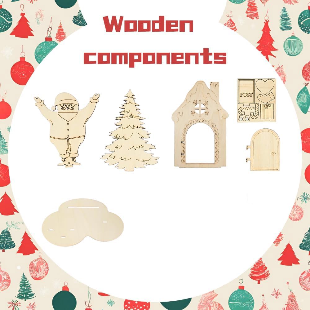 Set of wooden Christmas components on a decorative background with Christmas patterns.