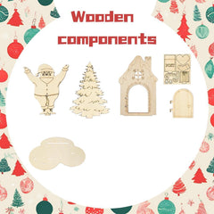 Set of wooden Christmas components on a decorative background with Christmas patterns.