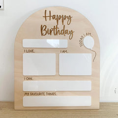 Wooden board with 'Happy Birthday' text and blank sections for writing on a white background