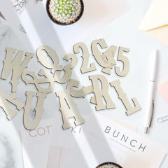 Decorative metallic letters on a magazine with a cactus plant in the background