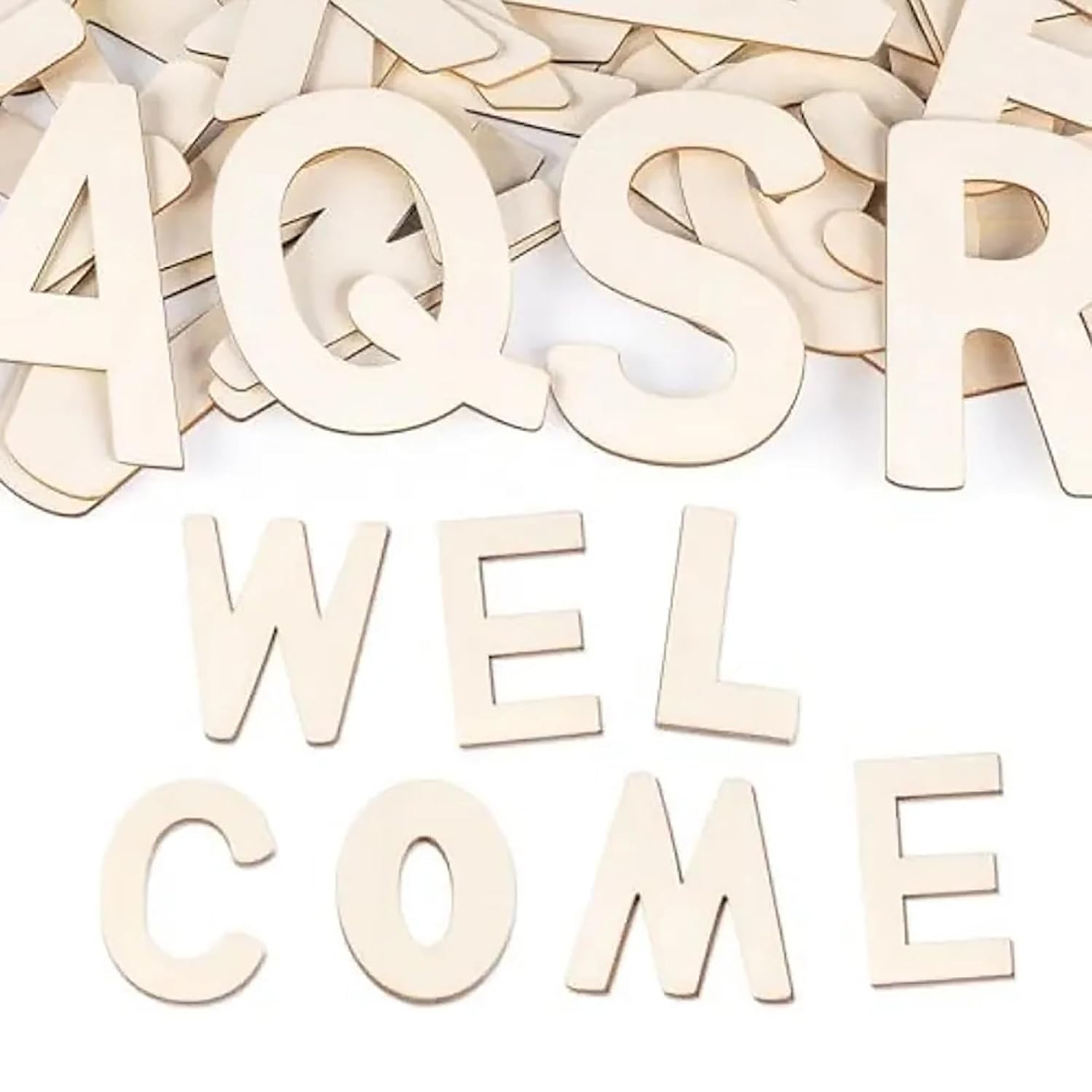 Wooden letters spelling 'WELCOME' on a white background