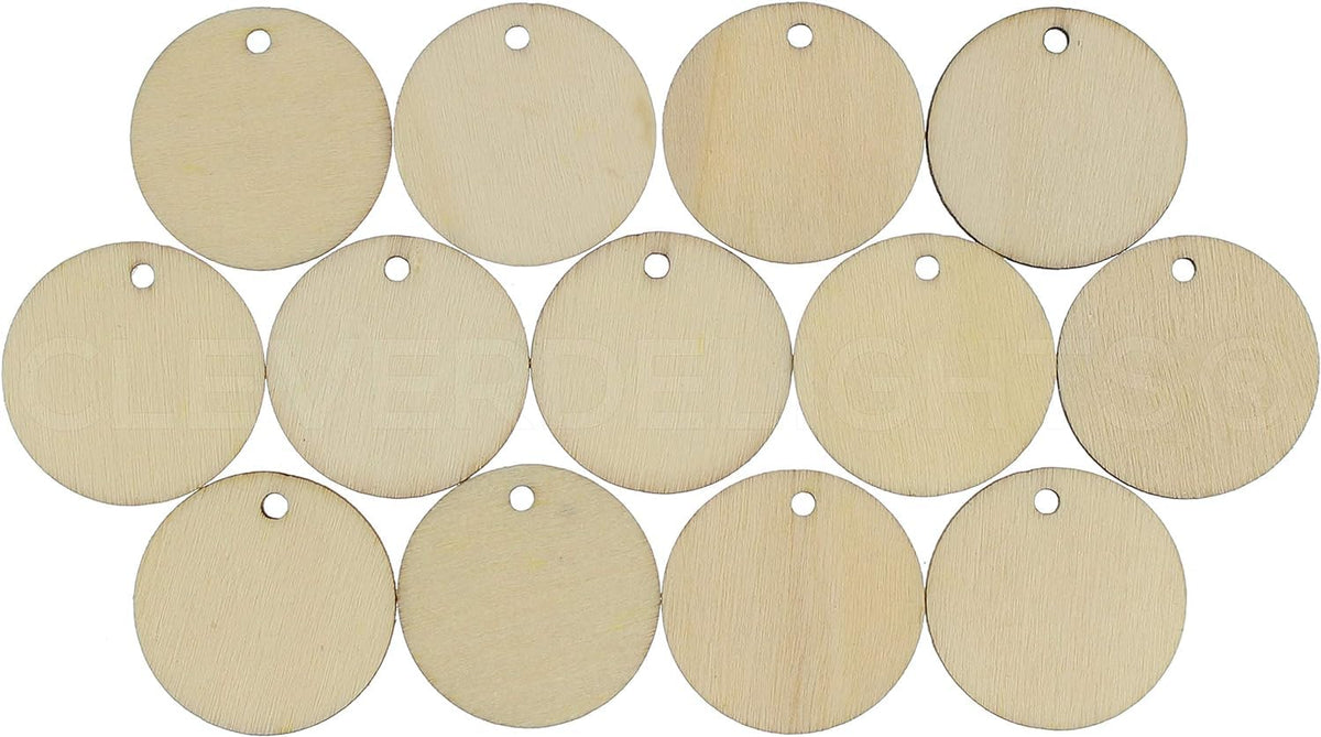 Set of round wooden tags on a white background