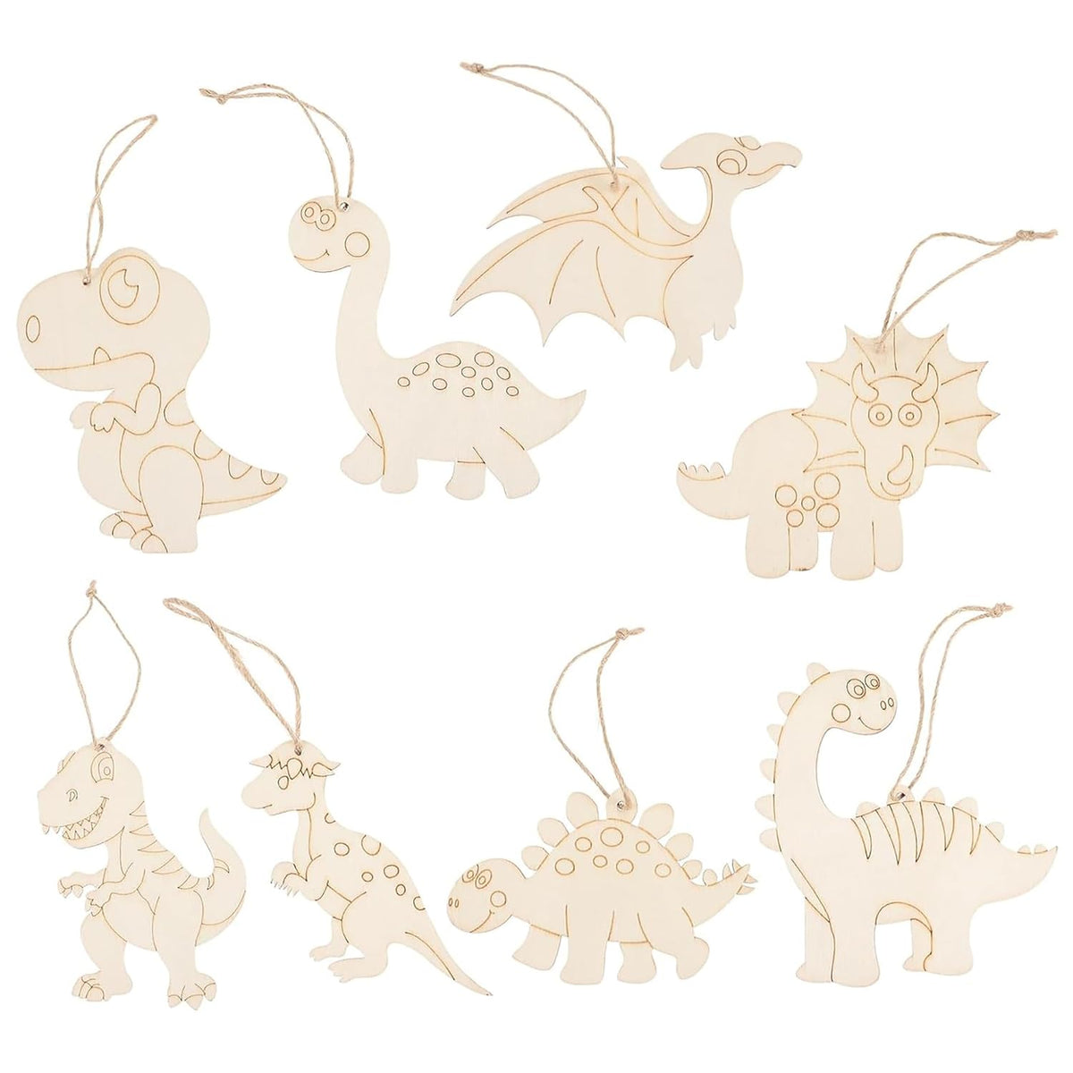 Set of wooden dinosaur ornaments on a white background