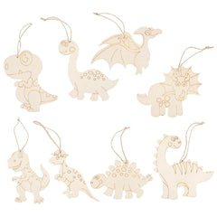 Set of wooden dinosaur ornaments on a white background