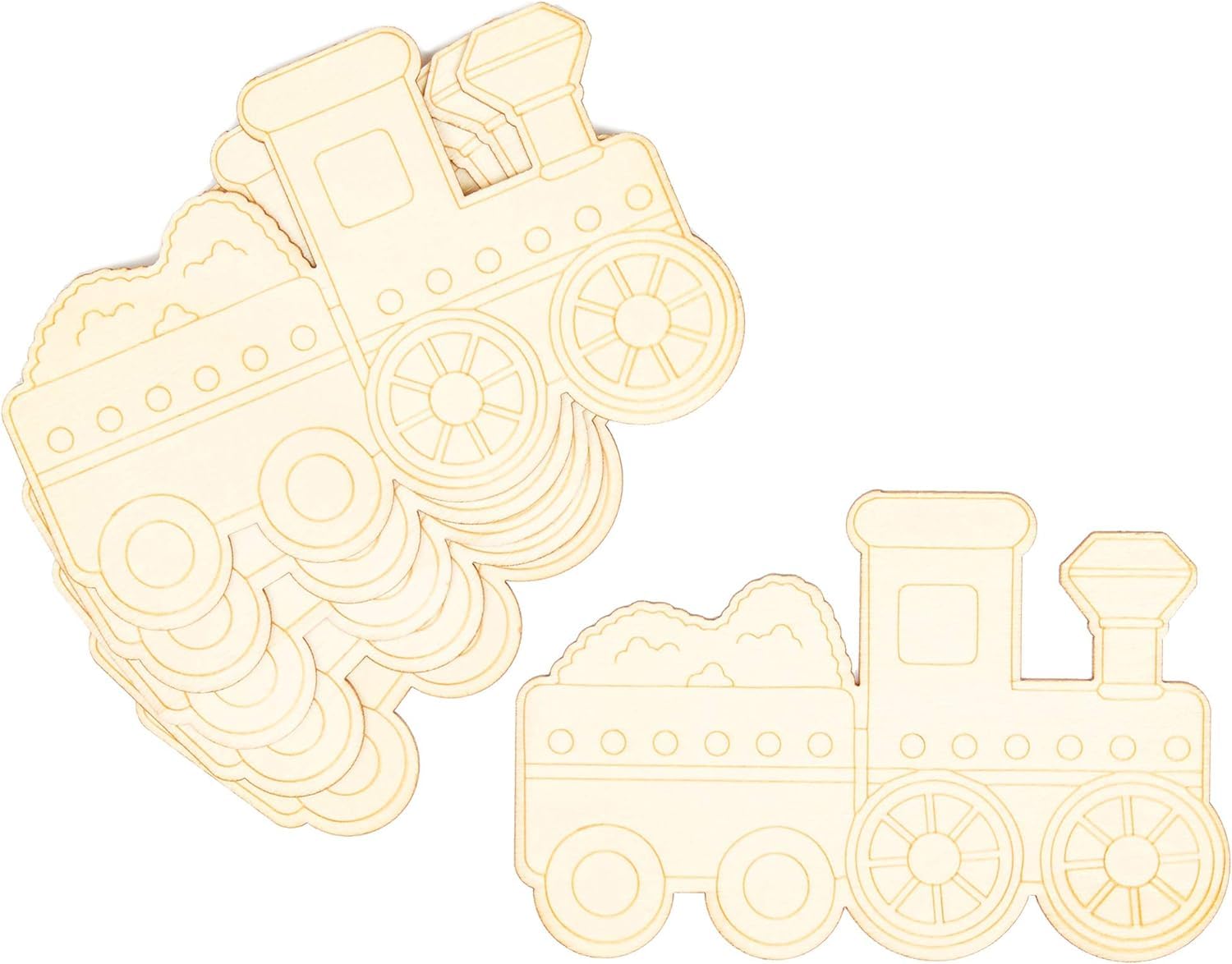 Wooden toy train cutouts on a white background