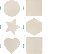 Set of different shaped wooden pads with measurements on a white background