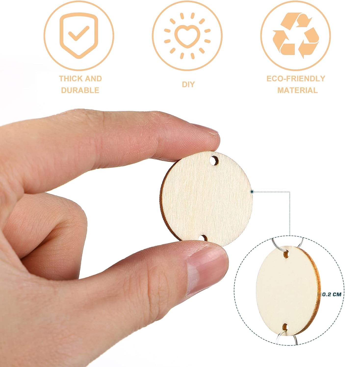 Wooden round cutout held by a hand with icons indicating thick and durable, DIY, and eco-friendly material.