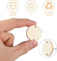 Wooden round cutout held by a hand with icons indicating thick and durable, DIY, and eco-friendly material.