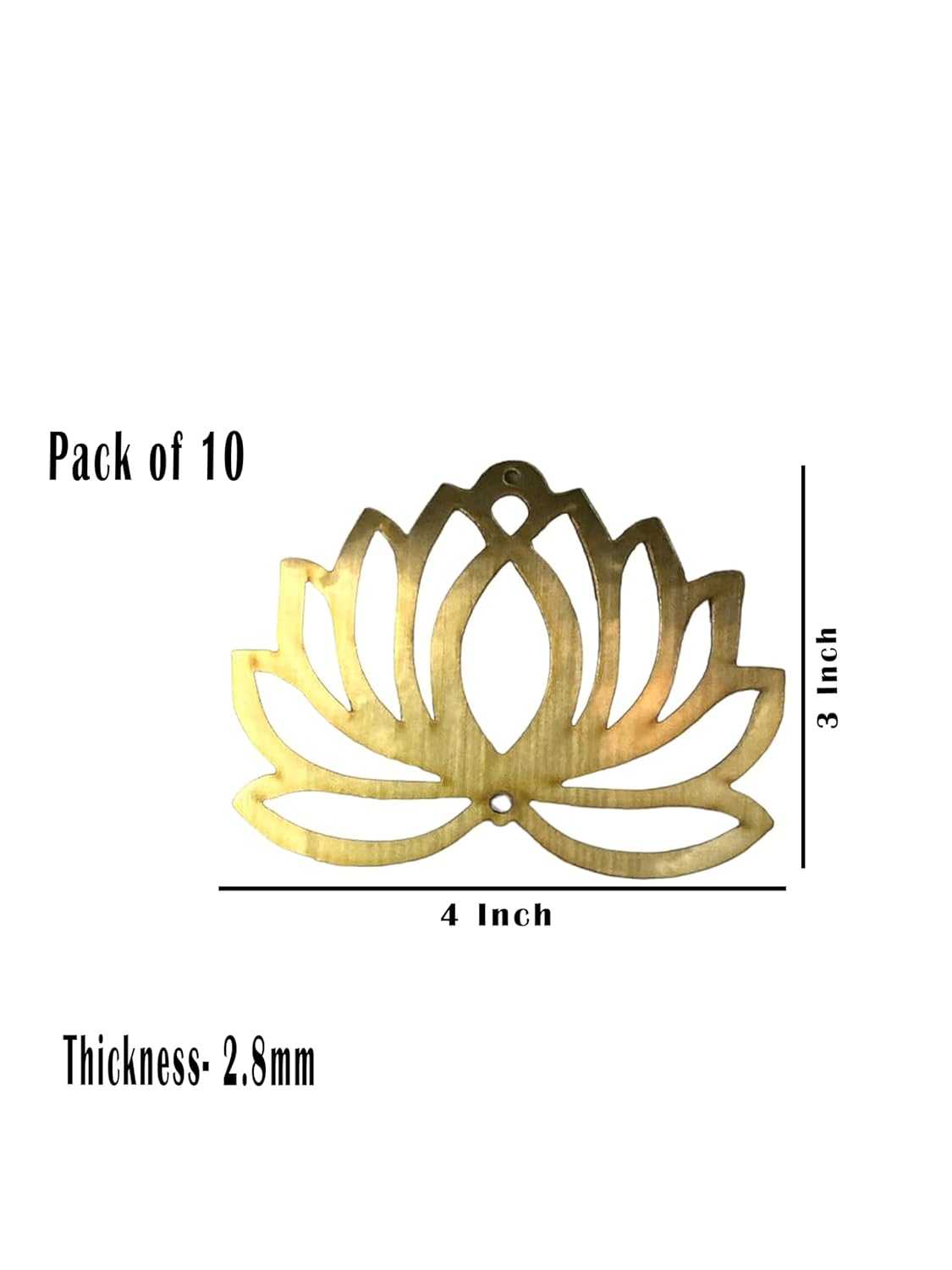 Gold lotus-shaped metal cutout with dimensions and pack information on a white background
