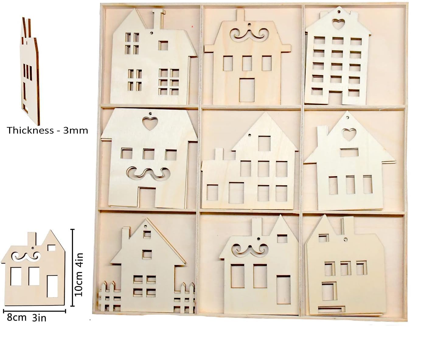 Set of wooden house-shaped cutouts with dimensions displayed.