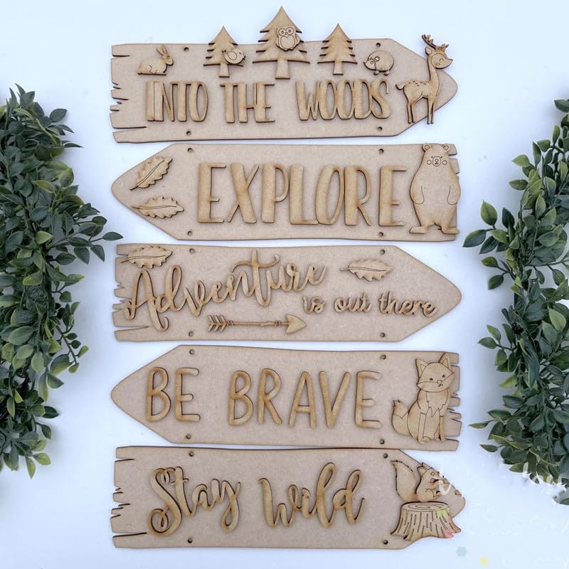 Set of wooden signs with motivational phrases and nature-themed designs on a white background.