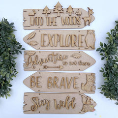 Set of wooden signs with motivational phrases and nature-themed designs on a white background.