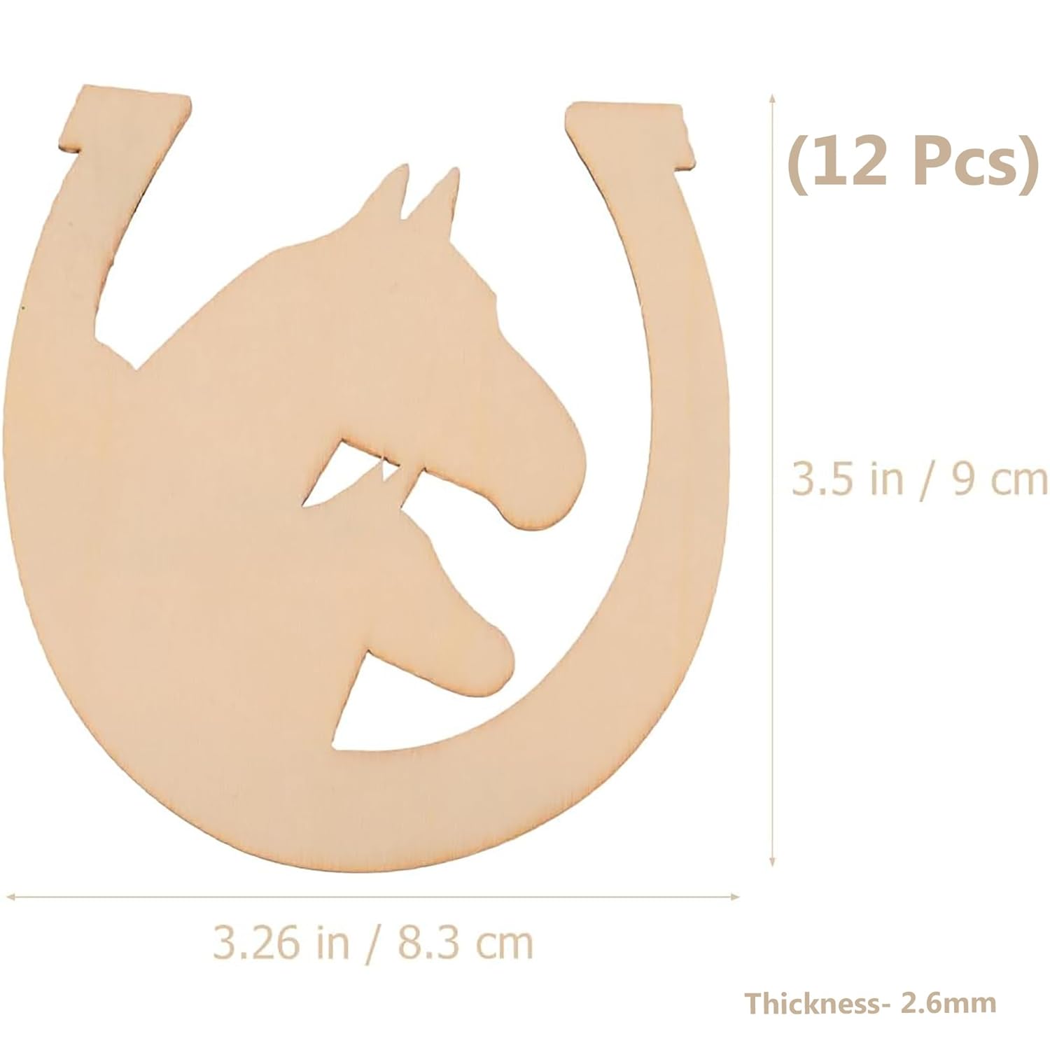 Wooden horse head and horseshoe cutout with measurements on a white background