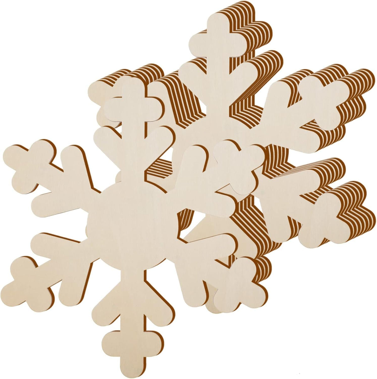 Wooden snowflake decoration with brown accents on a white background
