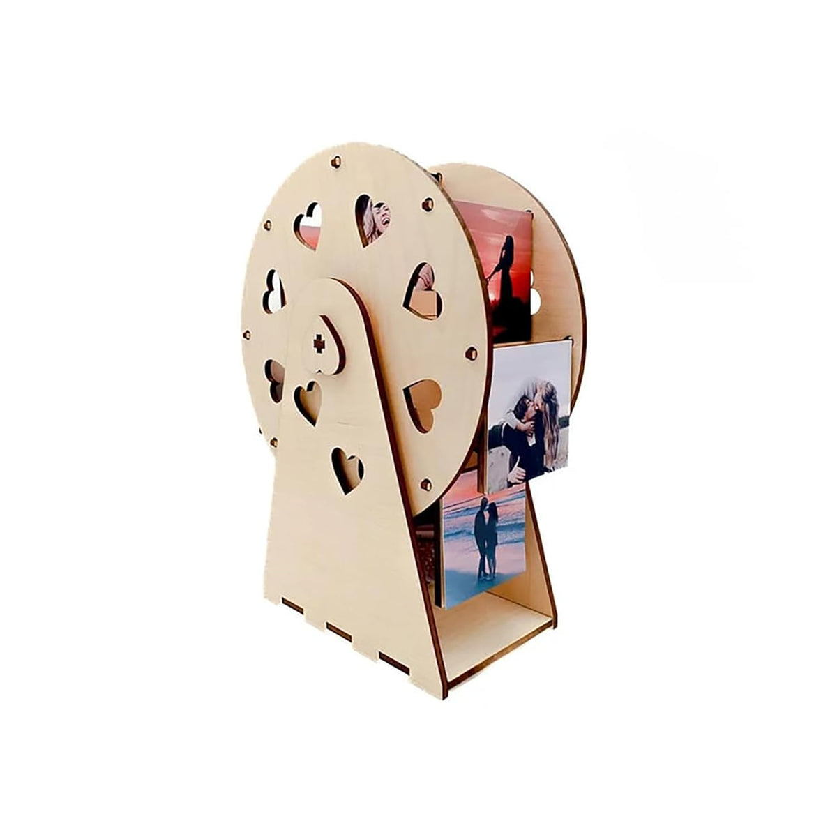 Wooden photo display stand with heart cutouts on a white background
