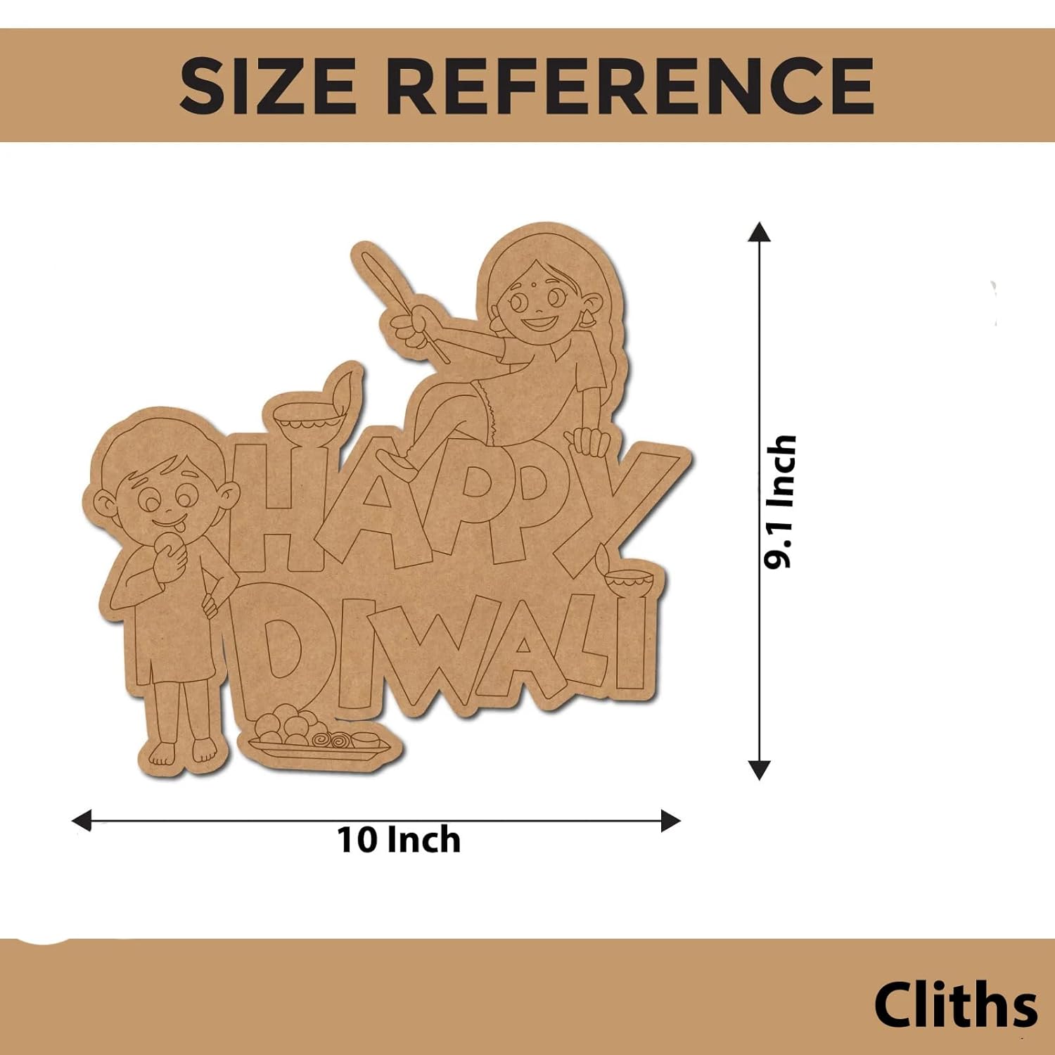 Size reference of a 'Happy Diwali' decorative cutout with dimensions and brand name.
