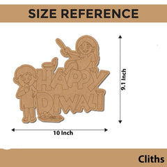 Size reference of a 'Happy Diwali' decorative cutout with dimensions and brand name.