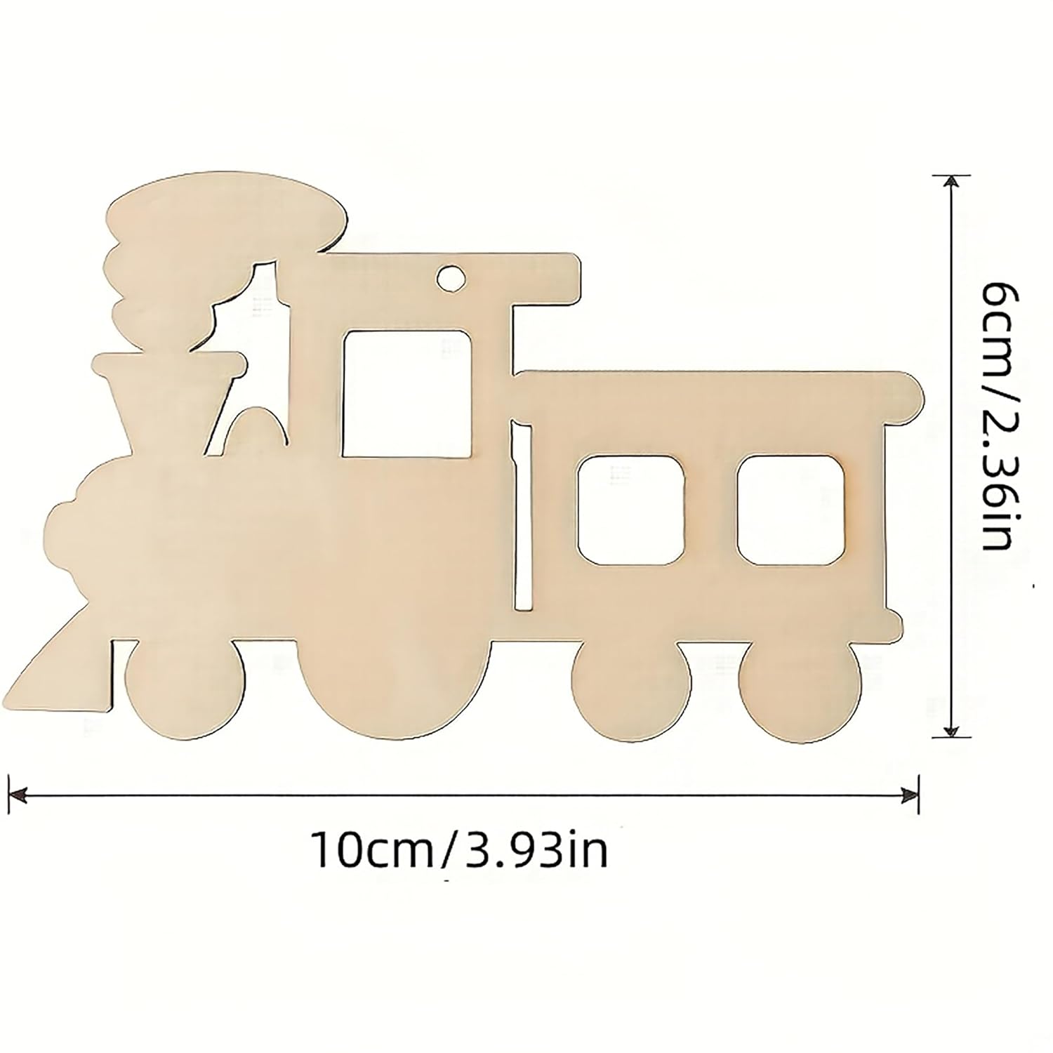Unfinished wooden train cutout with dimensions on a white background