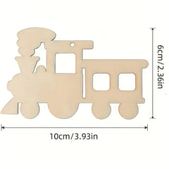 Unfinished wooden train cutout with dimensions on a white background