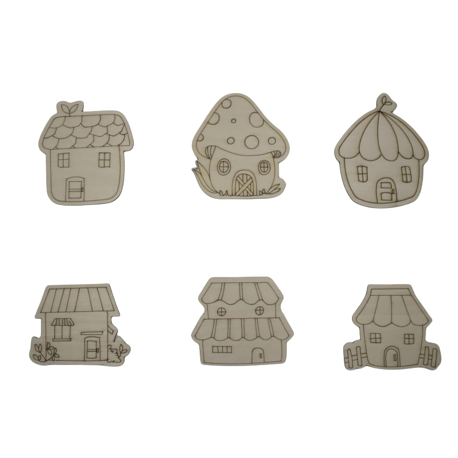 Set of six miniature fairy house illustrations on a white background