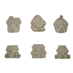 Set of six miniature fairy house illustrations on a white background