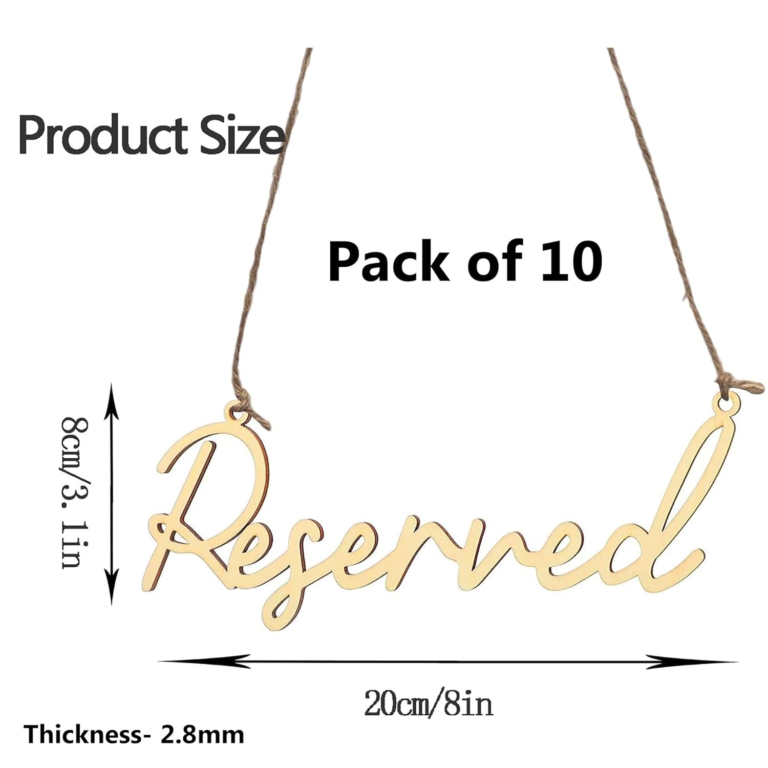 Gold 'Reserved' sign with measurement details on a white background